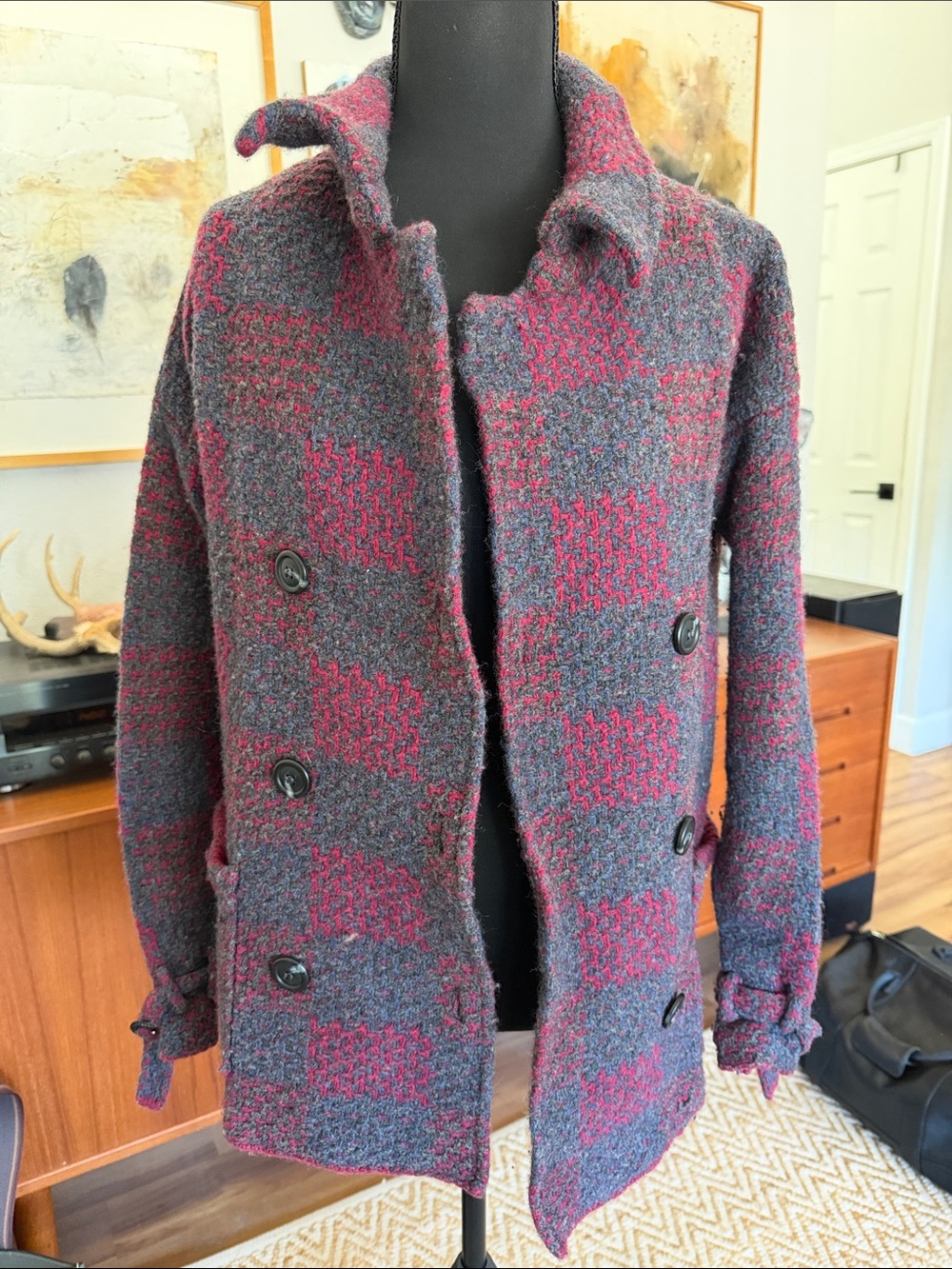 Free People Women's Double-Breasted Wool Blend Plaid Coat in Gray & Wine